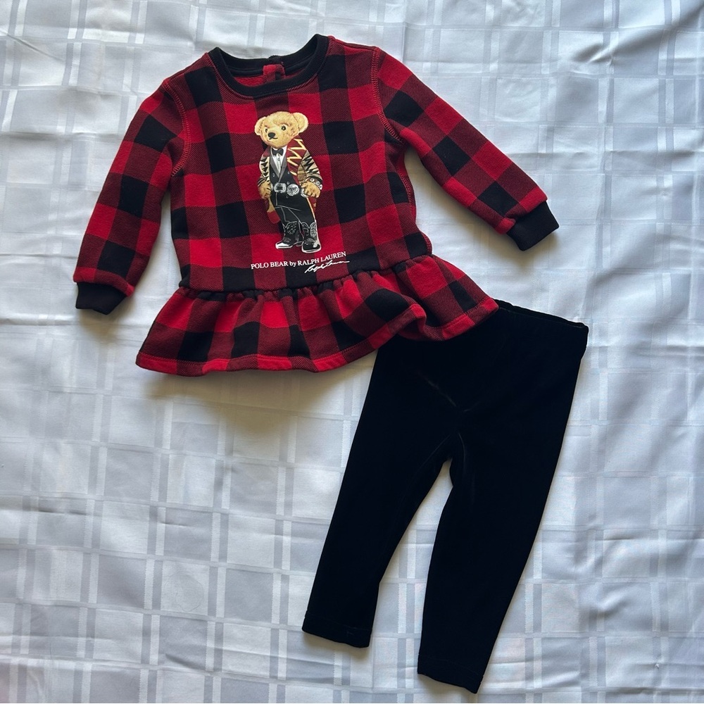 Polo Ralph Lauren Red and Black Plaid 2 Piece Polo Bear & Velour Pants Outfit